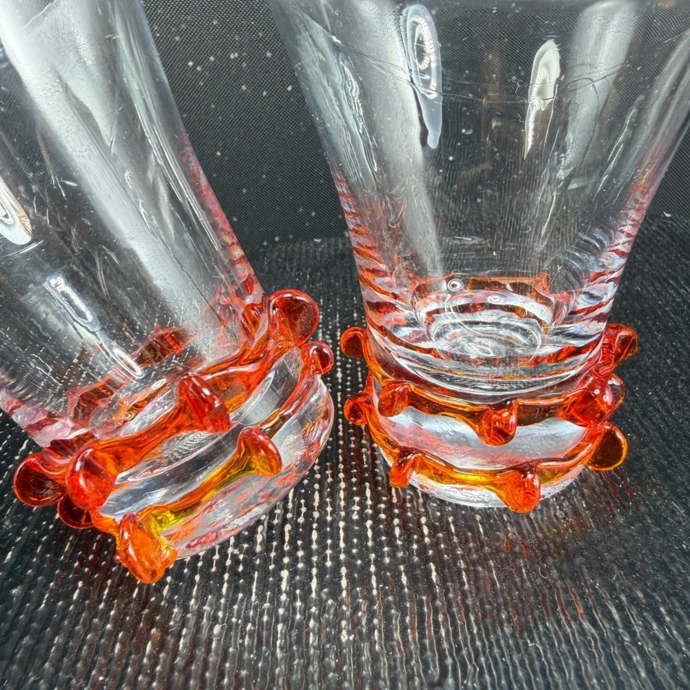 Italian Art Glass Shot Glasses Set 2 Orange Rigaree Flared Clear Glass MCM